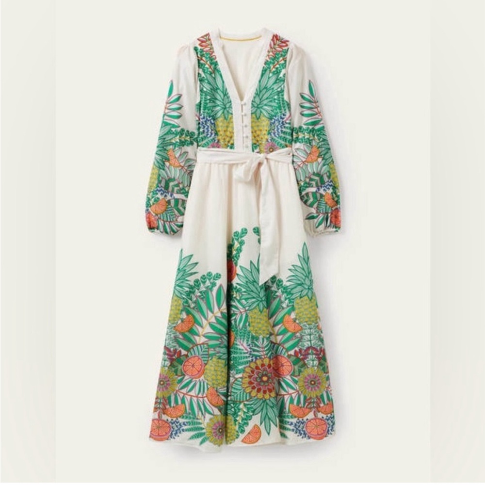 Boden Ivory Pineapple Floral Notch Neck Puff Sleeve Cotton Maxi Dress Size 8
